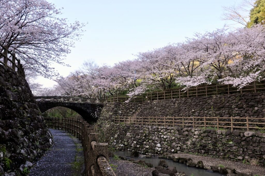 川沿いの散策路から石橋のアーチ
